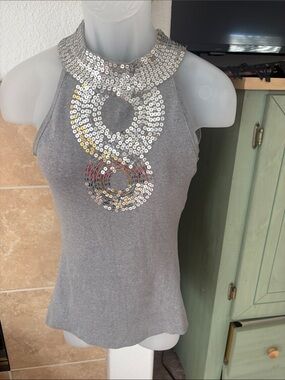 INC International Concepts Silver Sequin-Embellished Gray Halter Tank